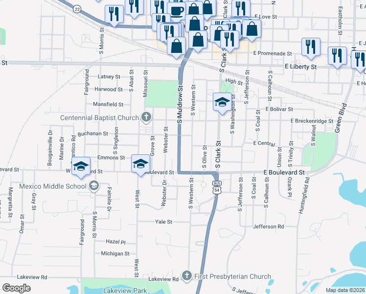 map of restaurants, bars, coffee shops, grocery stores, and more near 902 South Muldrow Street in Mexico