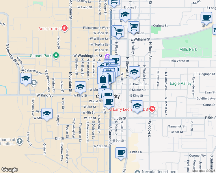map of restaurants, bars, coffee shops, grocery stores, and more near 210 North Carson Street in Carson City