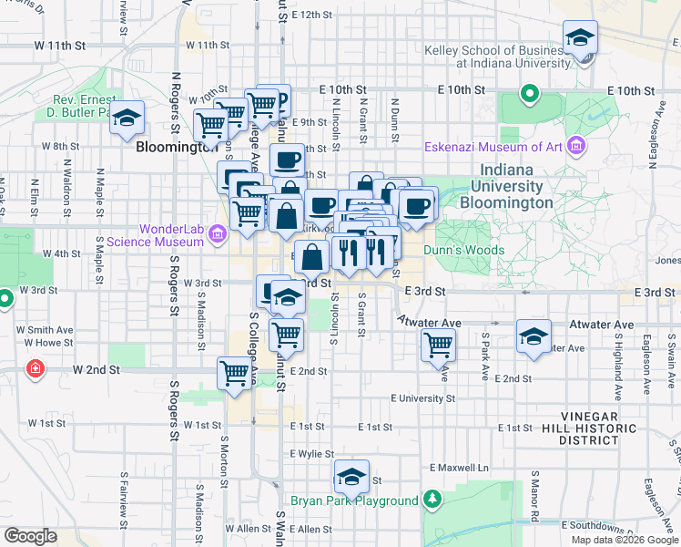 map of restaurants, bars, coffee shops, grocery stores, and more near 309 East 3rd Street in Bloomington