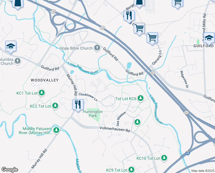 map of restaurants, bars, coffee shops, grocery stores, and more near 9764 Summer Park Court in Columbia
