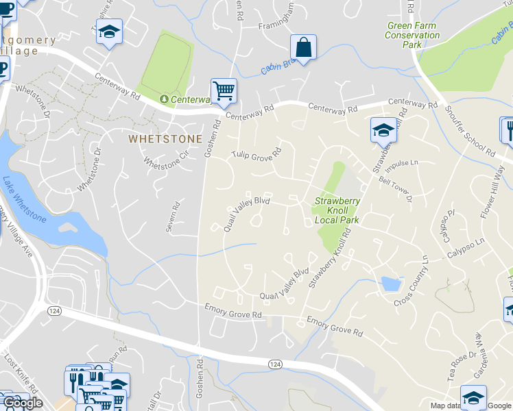 map of restaurants, bars, coffee shops, grocery stores, and more near 18742 Purple Martin Lane in Gaithersburg