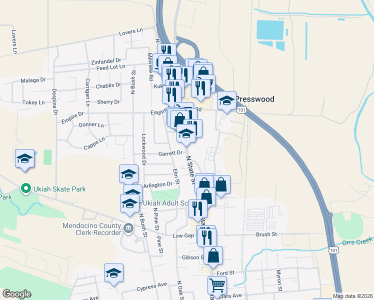 map of restaurants, bars, coffee shops, grocery stores, and more near 1059 North State Street in Ukiah