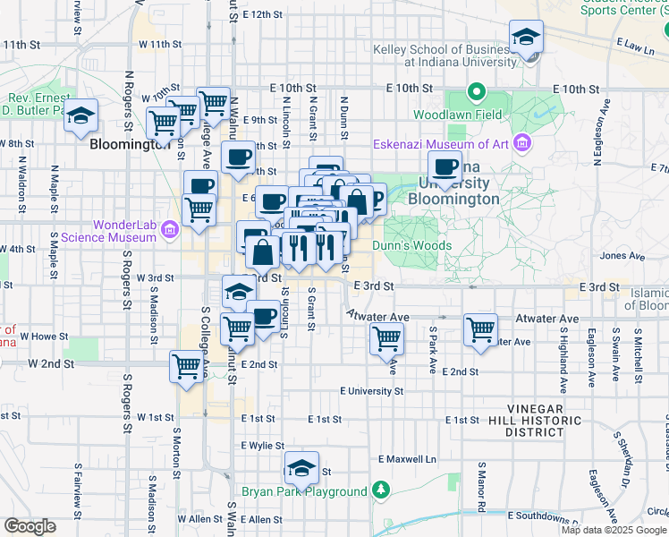map of restaurants, bars, coffee shops, grocery stores, and more near 421 East 3rd Street in Bloomington
