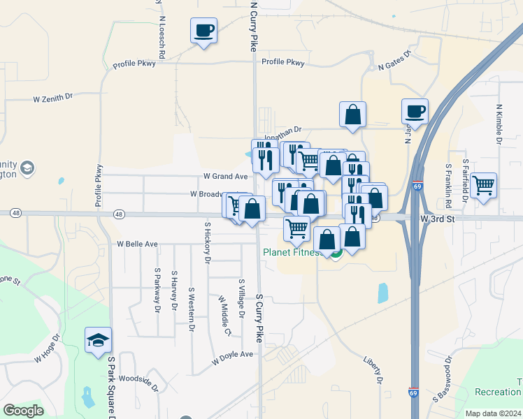 map of restaurants, bars, coffee shops, grocery stores, and more near 3910 West 3rd Street in Bloomington