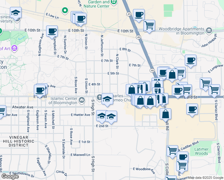 map of restaurants, bars, coffee shops, grocery stores, and more near 208 South Clark Street in Bloomington