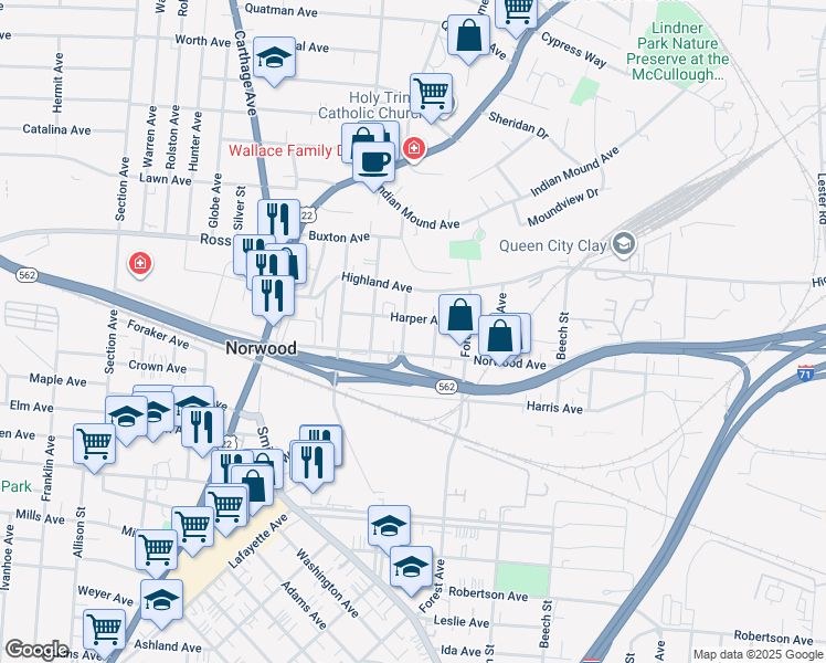 map of restaurants, bars, coffee shops, grocery stores, and more near 4918 Ash Street in Cincinnati