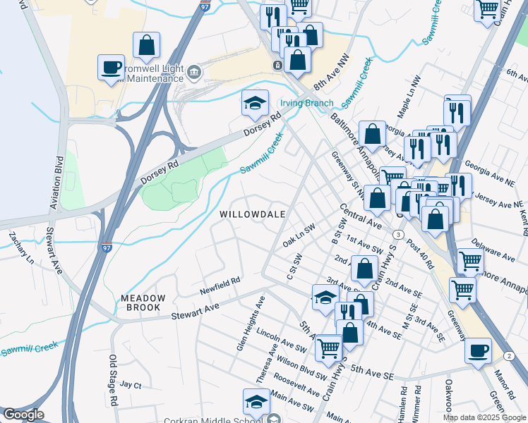 map of restaurants, bars, coffee shops, grocery stores, and more near 408 2nd Avenue Southwest in Glen Burnie