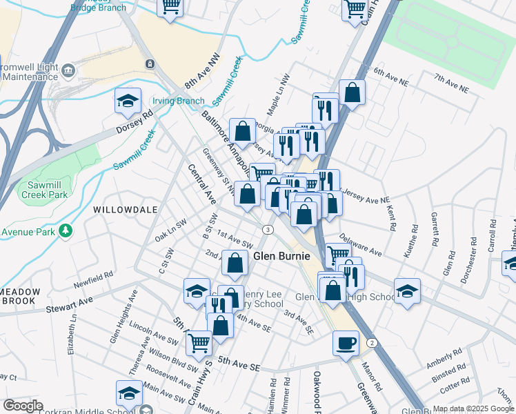 map of restaurants, bars, coffee shops, grocery stores, and more near 12 Greenway Street Northwest in Glen Burnie