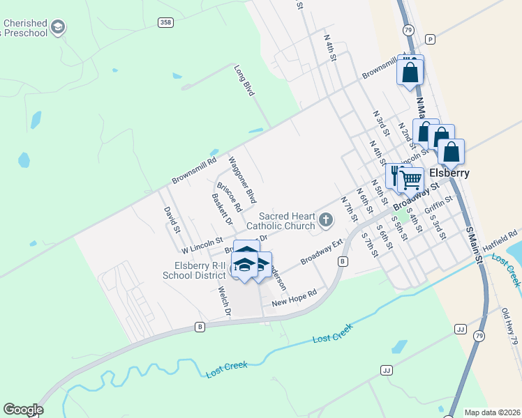 map of restaurants, bars, coffee shops, grocery stores, and more near 729 West Lincoln Street in Elsberry
