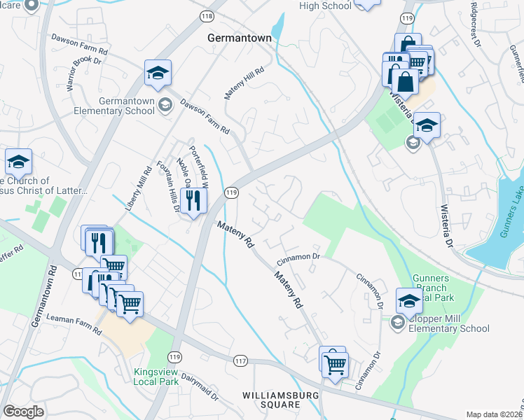 map of restaurants, bars, coffee shops, grocery stores, and more near 1 Pine Ridge Court in Germantown