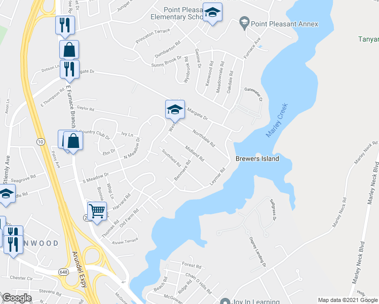 map of restaurants, bars, coffee shops, grocery stores, and more near 125 Midland Road in Glen Burnie