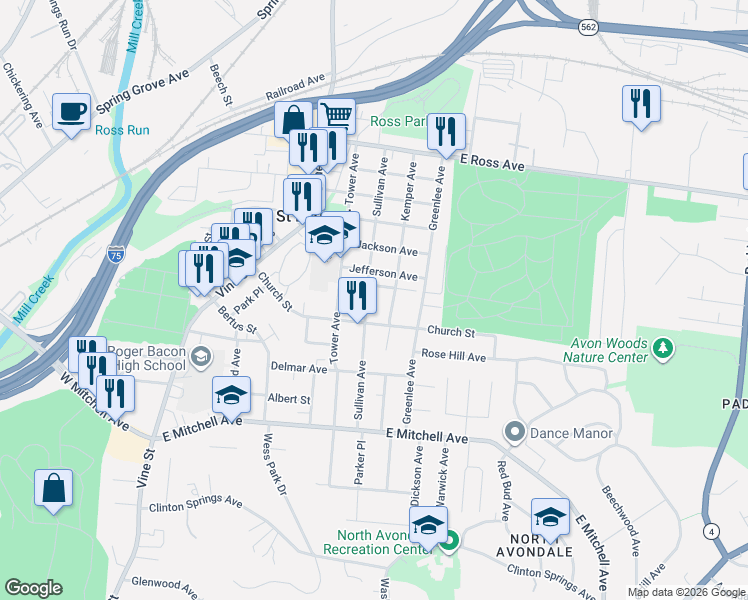 map of restaurants, bars, coffee shops, grocery stores, and more near 4420 Sullivan Avenue in Cincinnati
