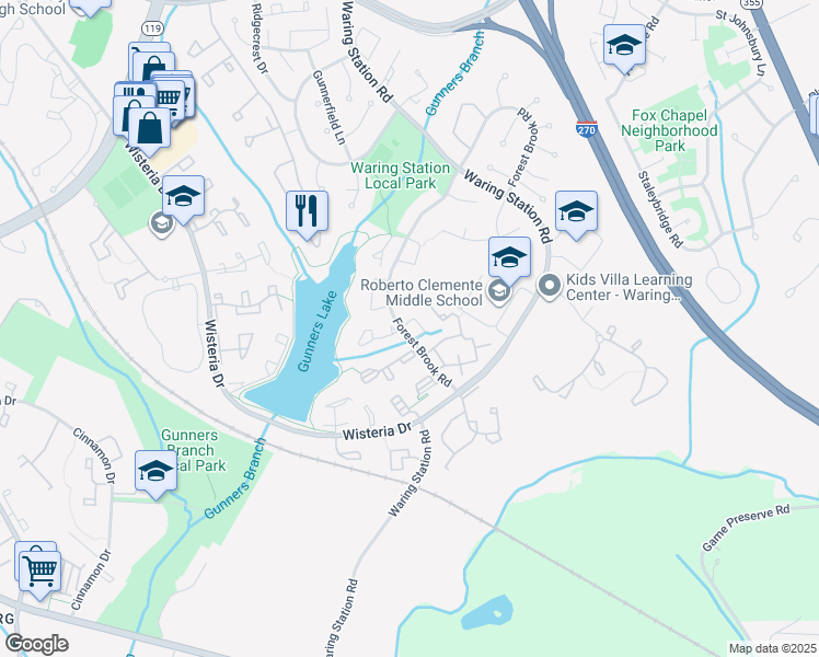 map of restaurants, bars, coffee shops, grocery stores, and more near 18946 Snow Fields Circle in Germantown