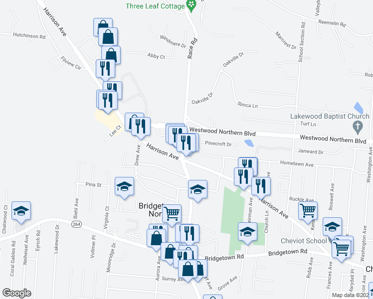 map of restaurants, bars, coffee shops, grocery stores, and more near 4036 Race Road in Cincinnati