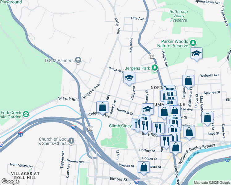 map of restaurants, bars, coffee shops, grocery stores, and more near 4211 Kirby Avenue in Cincinnati