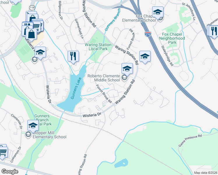 map of restaurants, bars, coffee shops, grocery stores, and more near 18910 Birdseye Drive in Germantown