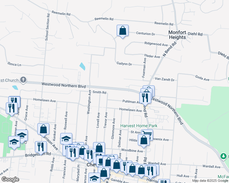 map of restaurants, bars, coffee shops, grocery stores, and more near 3653 Westwood Northern Boulevard in Cincinnati