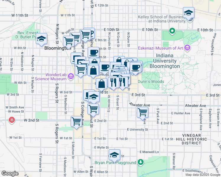 map of restaurants, bars, coffee shops, grocery stores, and more near 309 East 3rd Street in Bloomington