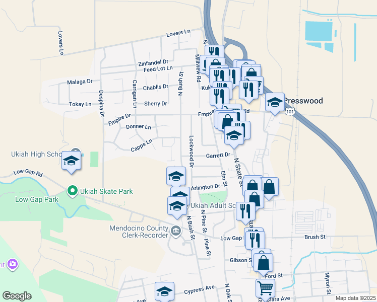 map of restaurants, bars, coffee shops, grocery stores, and more near 1706 Lockwood Dr in Ukiah