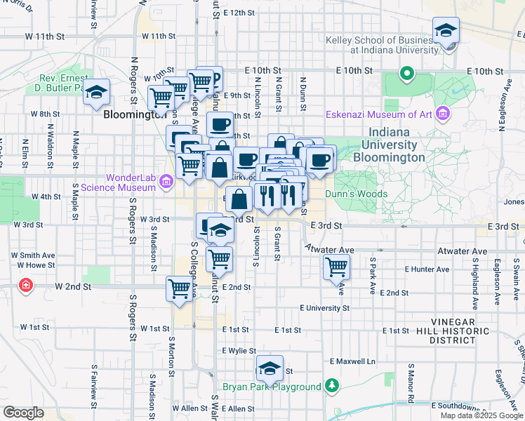 map of restaurants, bars, coffee shops, grocery stores, and more near 309 East 3rd Street in Bloomington