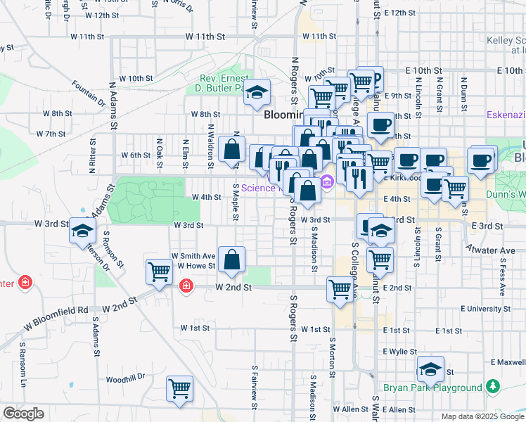 map of restaurants, bars, coffee shops, grocery stores, and more near 211 South Fairview Street in Bloomington