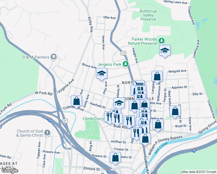 map of restaurants, bars, coffee shops, grocery stores, and more near 1679 Pullan Avenue in Cincinnati