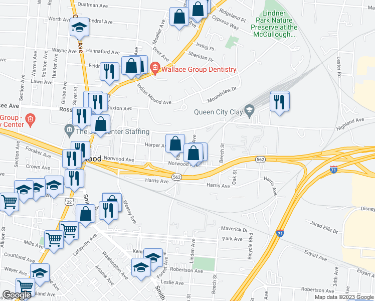 map of restaurants, bars, coffee shops, grocery stores, and more near 2415 Harper Avenue in Cincinnati