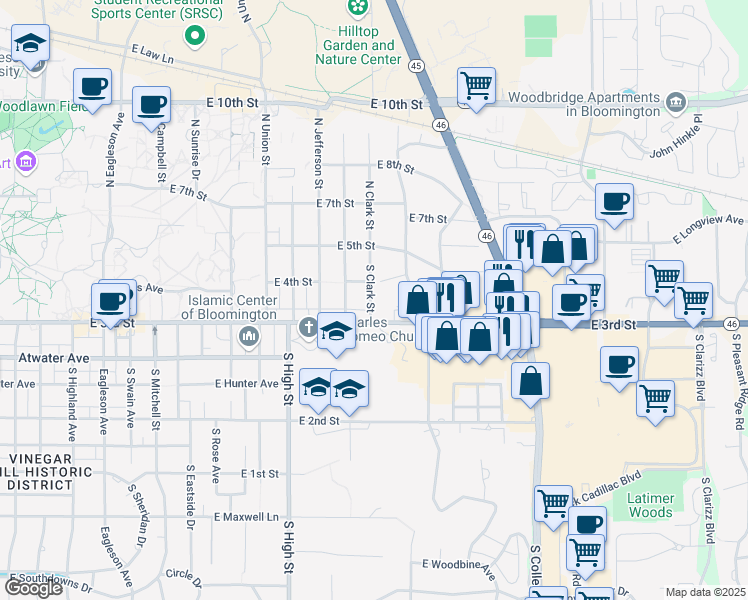 map of restaurants, bars, coffee shops, grocery stores, and more near 208 South Clark Street in Bloomington