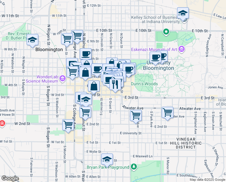 map of restaurants, bars, coffee shops, grocery stores, and more near 421 East 3rd Street in Bloomington