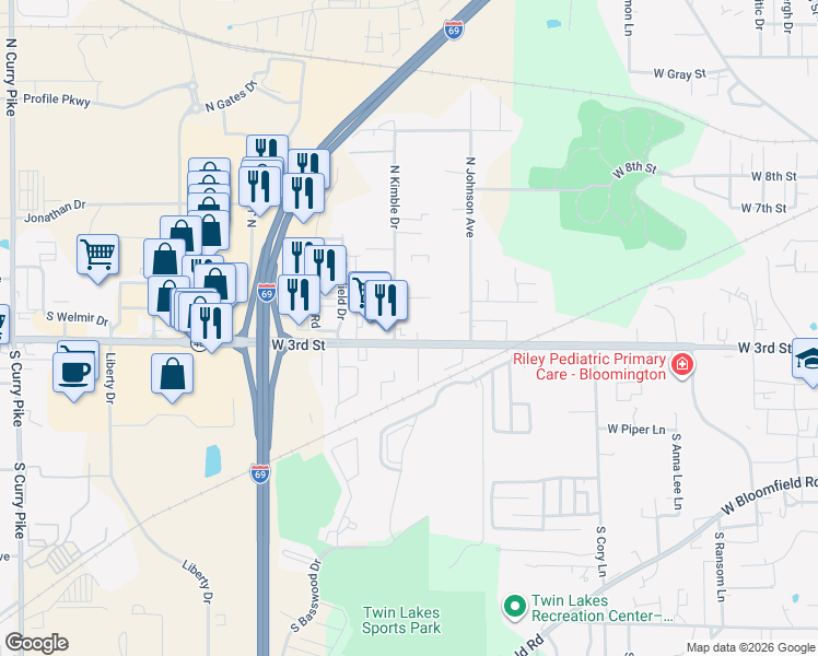 map of restaurants, bars, coffee shops, grocery stores, and more near 2440 West 3rd Street in Bloomington
