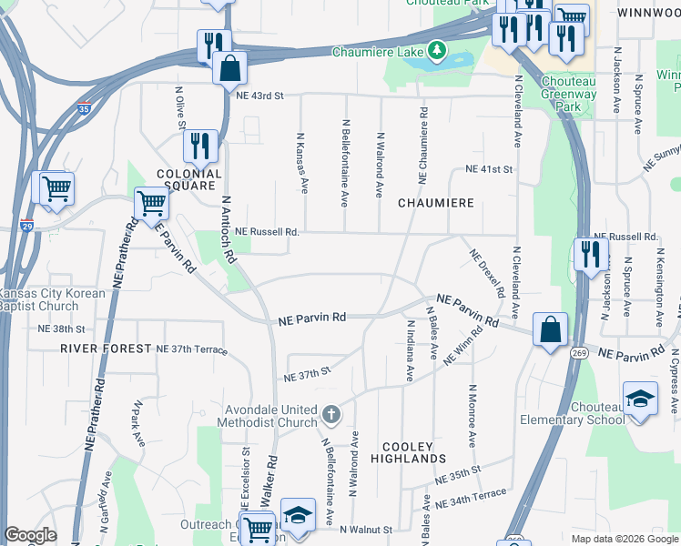 map of restaurants, bars, coffee shops, grocery stores, and more near 3019 Northeast 39th Street in Kansas City