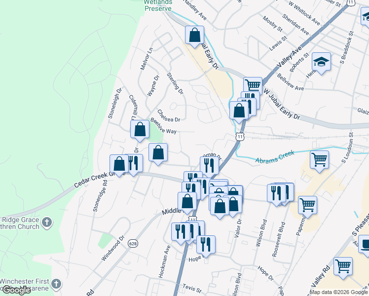 map of restaurants, bars, coffee shops, grocery stores, and more near 2016 Taylor Grace Court in Winchester