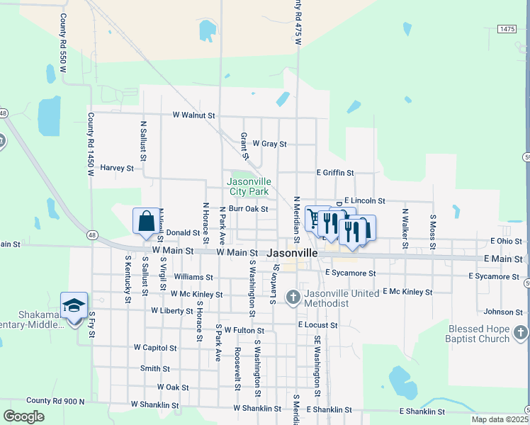 map of restaurants, bars, coffee shops, grocery stores, and more near 220 Burr Oak Street in Jasonville