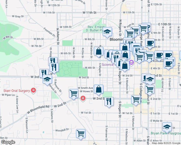 map of restaurants, bars, coffee shops, grocery stores, and more near 248 South Waldron Street in Bloomington