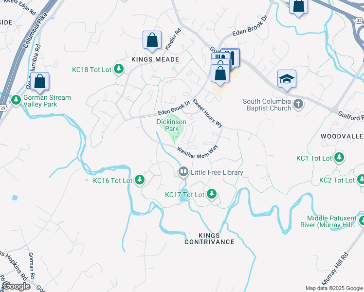 map of restaurants, bars, coffee shops, grocery stores, and more near 7505 Weather Worn Way in Columbia