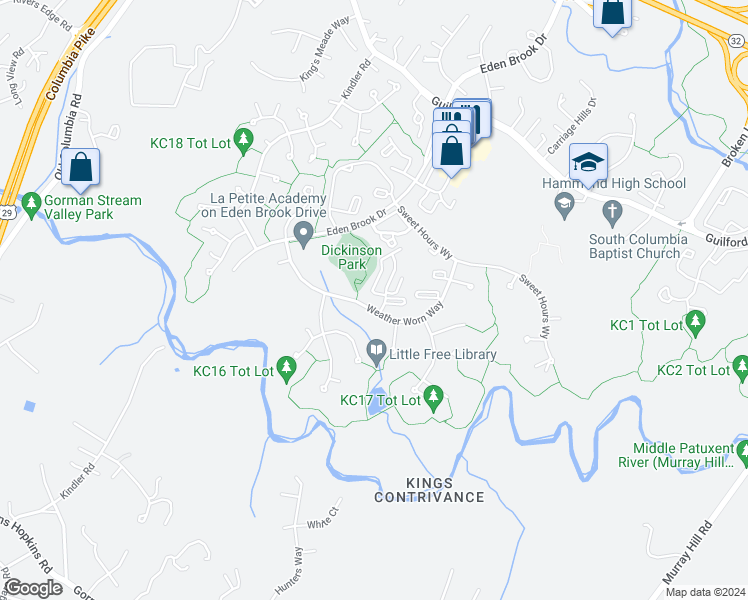 map of restaurants, bars, coffee shops, grocery stores, and more near 7505 Weather Worn Way in Columbia