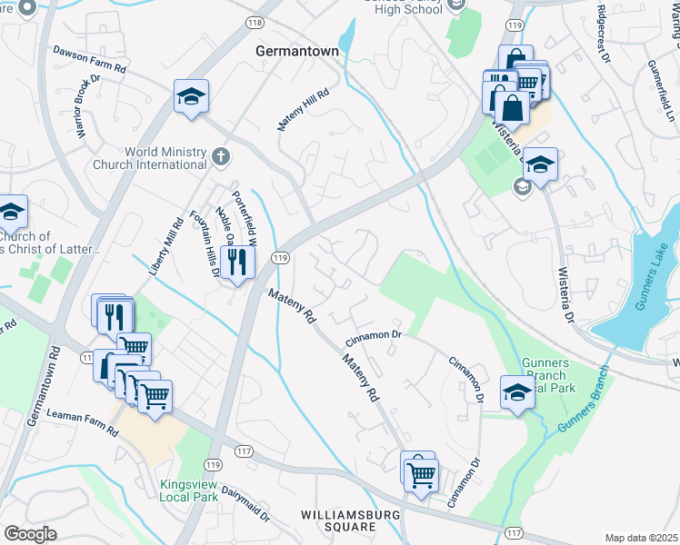 map of restaurants, bars, coffee shops, grocery stores, and more near 11 Pine Ridge Court in Germantown