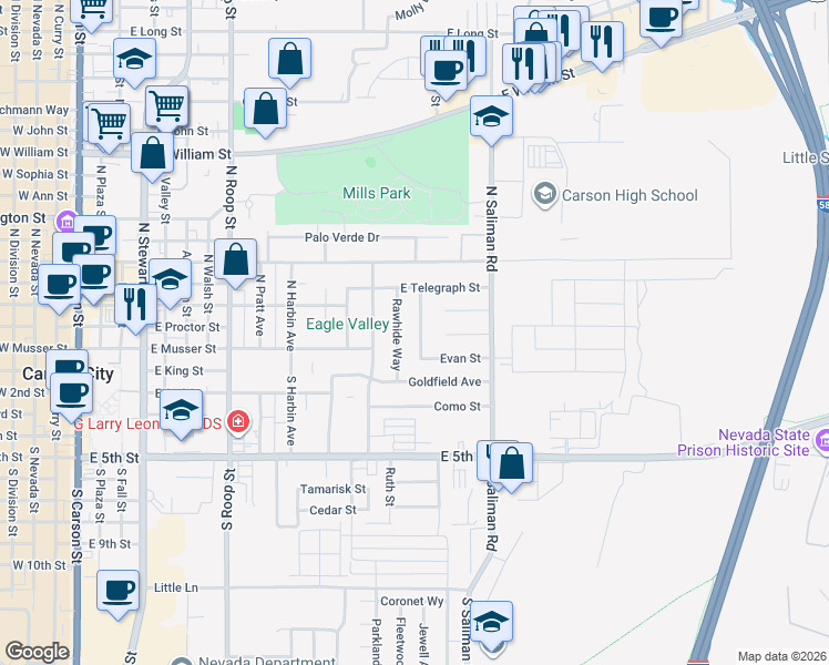 map of restaurants, bars, coffee shops, grocery stores, and more near 210 Simone Avenue in Carson City