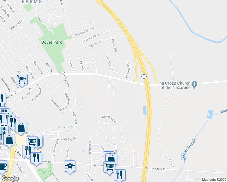 map of restaurants, bars, coffee shops, grocery stores, and more near 1514 North Little Creek Road in Dover