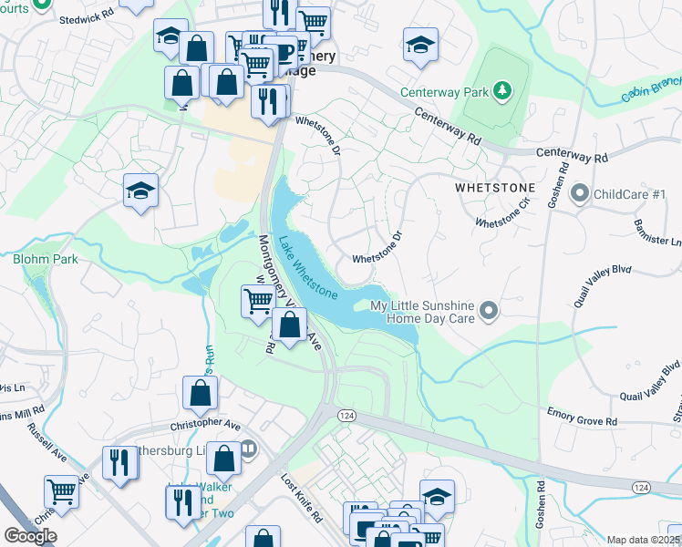 map of restaurants, bars, coffee shops, grocery stores, and more near 9725 Lookout Place in Gaithersburg