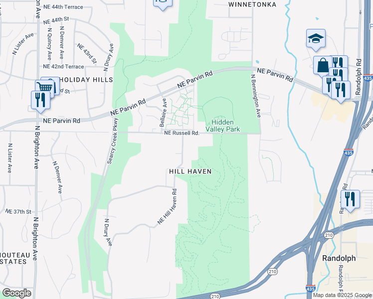 map of restaurants, bars, coffee shops, grocery stores, and more near 3919 Northeast Hill Haven Road in Kansas City