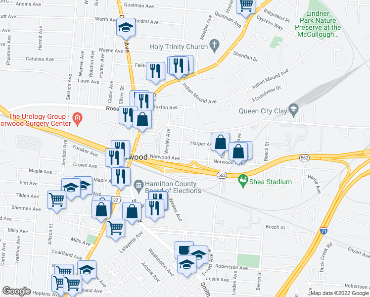 map of restaurants, bars, coffee shops, grocery stores, and more near 4918 Marion Avenue in Cincinnati