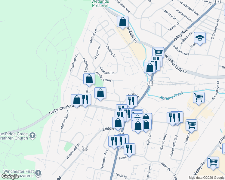 map of restaurants, bars, coffee shops, grocery stores, and more near 2016 Taylor Grace Court in Winchester