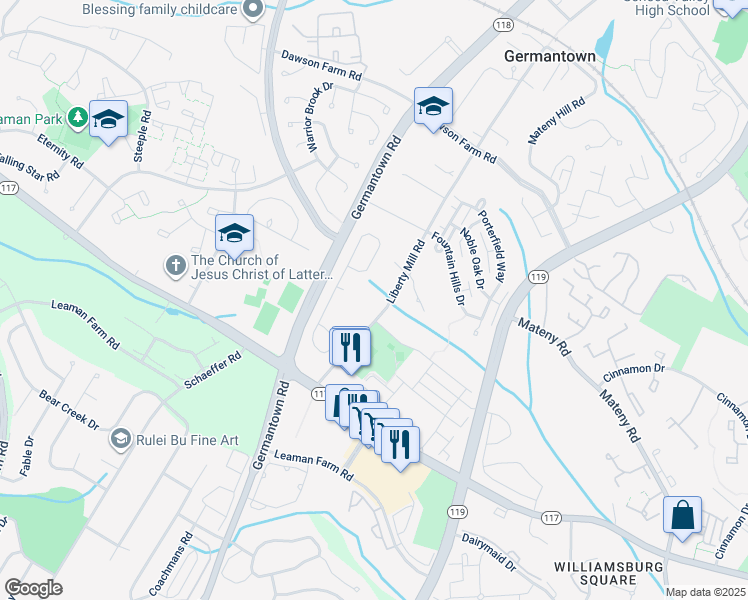 map of restaurants, bars, coffee shops, grocery stores, and more near 18818 Liberty Mill Road in Germantown