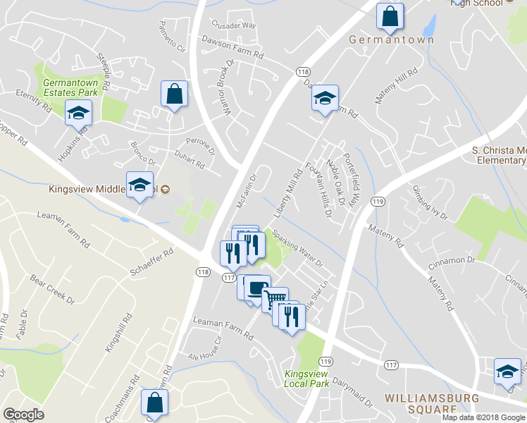 map of restaurants, bars, coffee shops, grocery stores, and more near 18818 Liberty Mill Road in Germantown