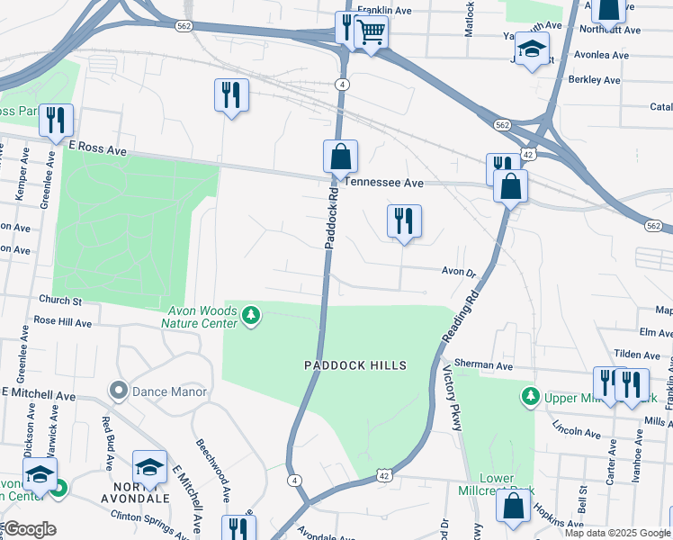 map of restaurants, bars, coffee shops, grocery stores, and more near 4520 Paddock Road in Cincinnati