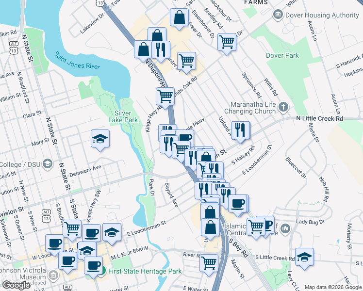 map of restaurants, bars, coffee shops, grocery stores, and more near 63 North Dupont Highway in Dover