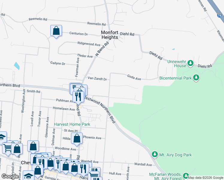 map of restaurants, bars, coffee shops, grocery stores, and more near 4210 Boudinot Avenue in Cincinnati
