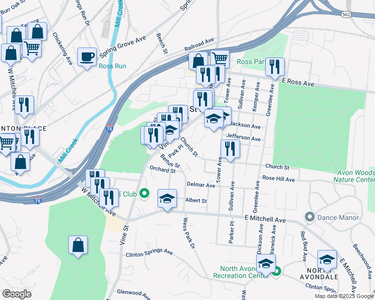 map of restaurants, bars, coffee shops, grocery stores, and more near 111 Church Street in Cincinnati