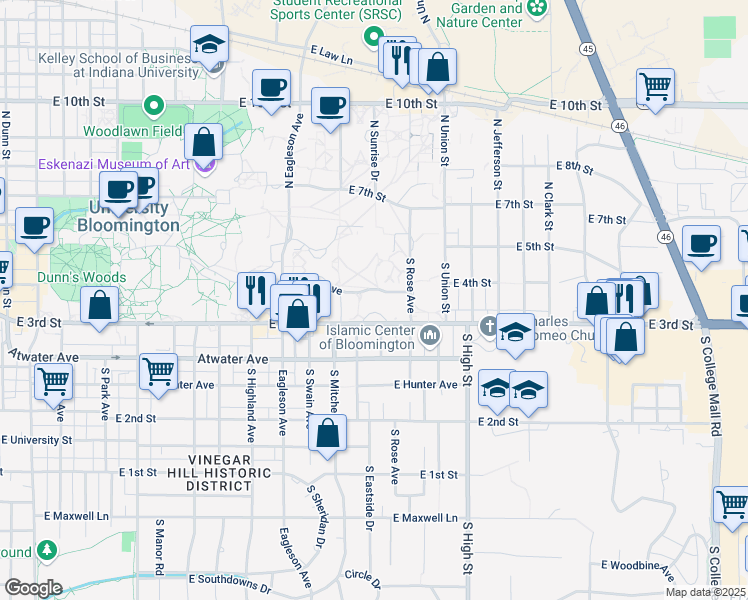 map of restaurants, bars, coffee shops, grocery stores, and more near 1725 East 3rd Street in Bloomington